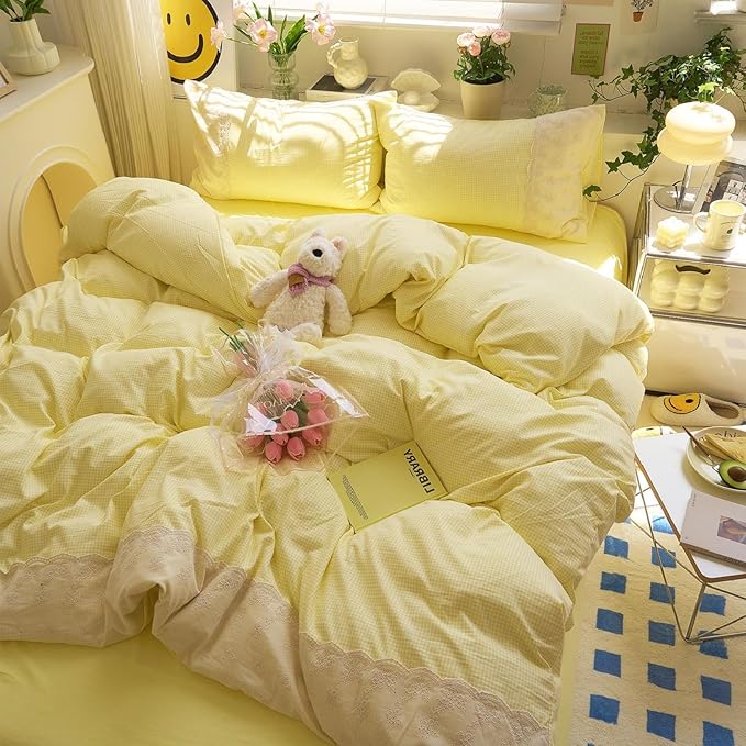 LifeTB Yellow Gingham Duvet Cover Full 3 Pieces Romantic Lace Comforter Cover Soft Microfiber Cream Yellow Grid Duvet Cover Farmhouse Plaid Checkered Comforter Cover Grid Gingham Bedding Set