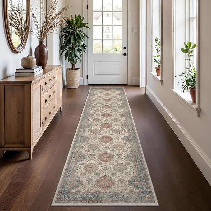GENIMO Vintage Runner Rug 2'6''x10, Boho Hallway Rug with Non-Slip Backing, Machine Washable Low Pile Carpet for Entryway, Kitchen, Bedroom, Teal&Red