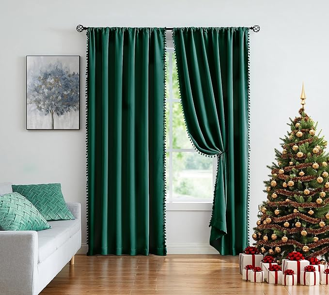 Treatmentex Green Pompom Curtains for Bedroom Living Room 95 inch Triple Weave Full Blackout Window Drapes for Hotel Men's Guest Room 52" w x2 Panels Rod Pocket