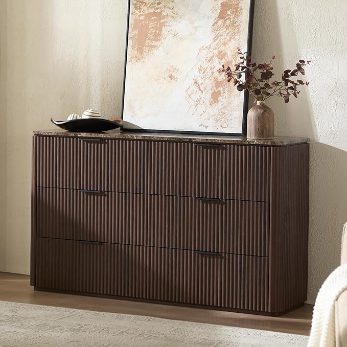 Fluted 6 Drawer Dresser for Bedroom, 54.5" Wide Modern Chest of Drawers with Faux Marble Top, Curved Corners Design, Wooden Dresser TV Stand with Organizer Storage for Living Room, Dark Oak