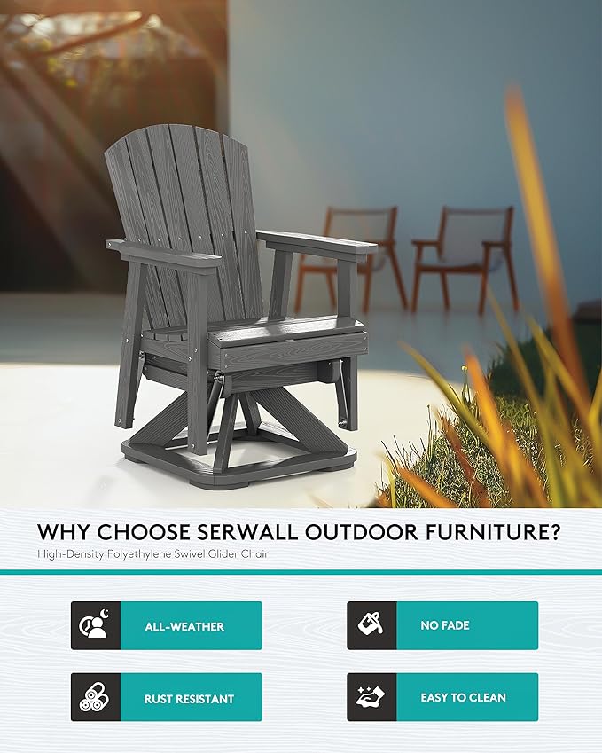 SERWALL Adirondack Swivel Glider Chair, HDPE Glider Rocking Chair for Outdoor, All-Weather Glider Chair for Porch, Balcony, Grey