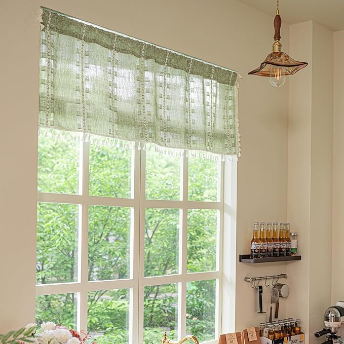 Deeprove Boho Valance Kitchen Short Curtain Tassel, Textured Striped Drape Tier Embroidered Shabby Chic Window Treatment for Cafe Dinging Room Closet, W52 x L18 inch Rod Pocket 1 Panel Sage Green