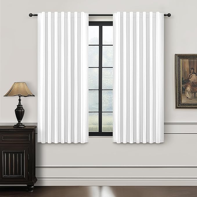 BrightWhite 100% Blackout Cafe Curtains 45 Inches Long 2 Panels Set, Short Linen Heat Blocking Drapes 46 Inch Small Window Decor for Kitchen Bedroom Bathroom Thermal Insulated Textured Look Hook Belt