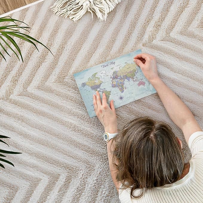 ElephantStock - Push Pin Travel Map World I Wall Art - Horizontal Canvas Wall Art - Living Room Wall Decor - Printmaking Map Canvas Art - Blue And Beige Decor - 12" x 8"