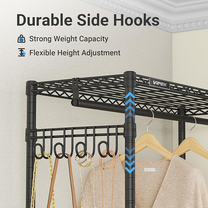 VIPEK V4 Heavy Duty Clothing Rack for Hanging Clothes 810lbs Load Capacity, Double Rod Garment Rack with Adjustable Shelves & Side Hooks, Metal Wardrobe Closet System Easy to Assemble, (Black)