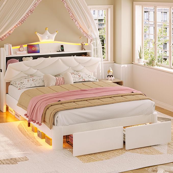 MSmask Full LED Bed Frame with Storage Headboard & 2 Storage Drawers, Princess Upholstered Bed with Charging Station & Crystal Button & Crown, Velvet Platform Bed for Girls, Curved Legs, White