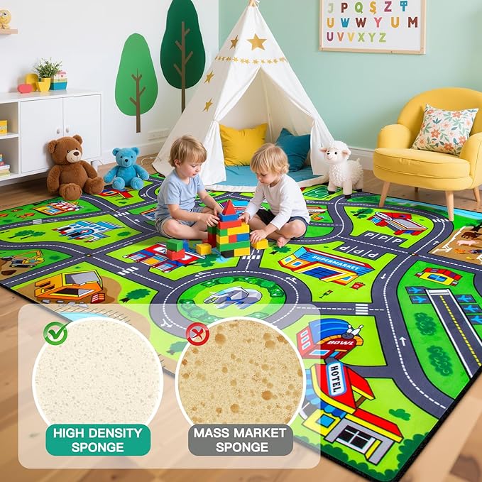 Road Car Rug, 5x7 Ft City Road Rug for Kids, Extra Thick (0.4in) Kids Play Rug Mat and Car Carpet with Realistic Colors - Perfect for Children, Soft and Non-Slip for Playroom and Bedroom