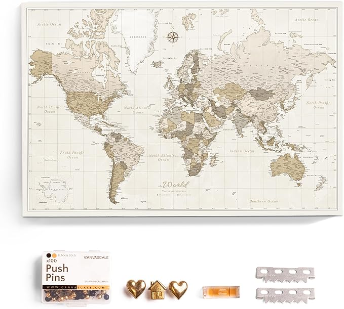 Canvas World Map with Cork Pin Board - English Lettering - Decorative Wall Decoration for All Rooms - Canvas Pictures with World Map Motif (150x100 cm, Pattern 8)