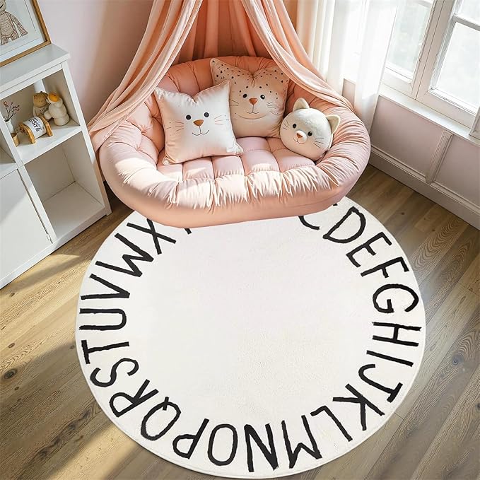 Round Alphabet Rug,8ft ABC Rugs for Kids Playroom,Boho Classroom Rug for Living Room, Bedroom, Machine Washable Soft Non Slip Non Shedding-White