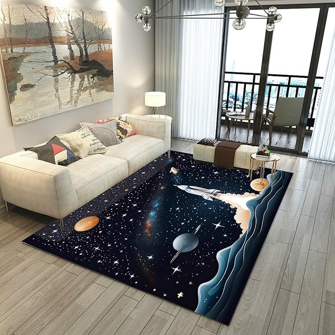 6' x 9' Space Rocket Rug for Kids Bedroom Black Stars Rugs Galaxy Carpet Planet Printed Throw Rugs for Boys Teens Living Room,180x275cm