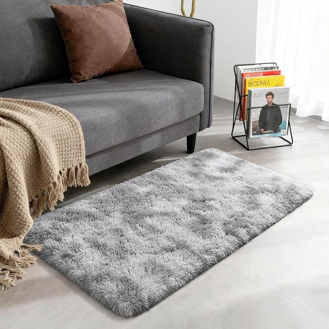 Merelax Soft Area Rugs for Livingroom Bedroom, Shaggy Plush Fuzzy Fluffy Carpet Furry Fur Rug,Modern Indoor Comfy Nursery Kids Dorm Home Decor Floor Mat, 2 x 4 ft, Tie-Dyed Light Grey