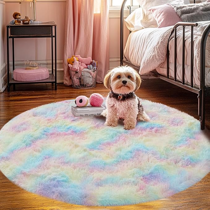 Round 5x5 ft Fluffy Rainbow Rug: Ultra Soft Furry Girls Bedroom Carpet- Colorful Oval Plush Shag Nursery Rug for Girls Room & Kids Room, Cute Home Decor