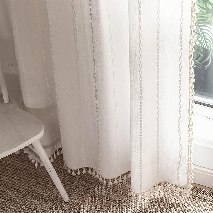 Deeprove White Boho Curtains 90 inches Length for Living Room Bedroom Nursery, Vintage Bohemian 90 inches Long Embroidery Farmhouse Light Filter Country Tassel Window Treatments, W52 x L90, 1 Panel