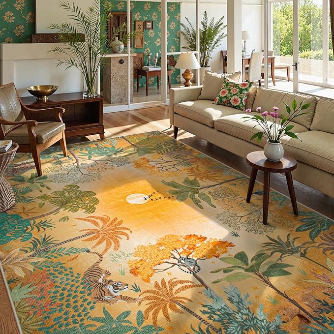 Lahome Fall Jungle Washable Rugs, 9x12 Large Autumn Living Room Rug Sunset Bedroom Carpet, Soft Dining Room Carpet for Under Table Non Slip Non Shedding Floor Mat for Playroom Sunroom
