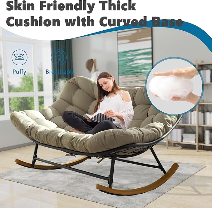 Double Papasan Rocking Chair Outdoor & Indoor, Oversized Rocking Reclining Loveseat with Thick Cushion and Frame, 660LBS Capacity Rocking Egg Chair for Patio Porch Living Room, Brown