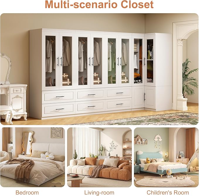 Armoire Wardrobe Closet with 8 Door: White Wood Wardrobe Closet Wooden Combination Corner Cabinet Bedroom Armoire with Hanging Rods for Home/Bedroom/Living Room