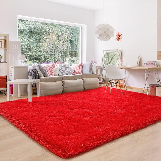 BENRON Fluffy Rugs for Living Room 5x8 Red, Washable Large Area Rugs for Bedroom Dining Table Office Kids Nursery Room, Washable Indoor Floor Carpets