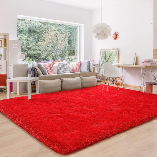 BENRON Fluffy Rugs for Living Room 6x9 Red, Washable Large Area Rugs for Bedroom Dining Table Office Kids Nursery Room, Washable Indoor Floor Carpets