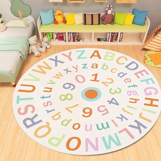 Children's Round Colorful ABC Rug,3ft,Soft Fluffy Alphabet Educational Rug, Non-Slip Washable Children's Crawling Game Rug Carpet for Boys Girls Bedroom Playroom Nursery Decoration