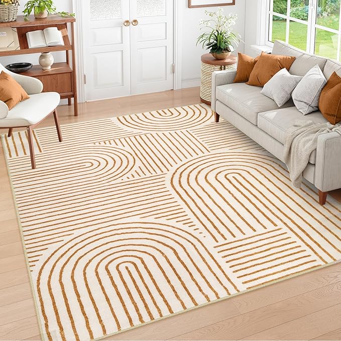 Lahome Abstract Washable Area Rug 6x9, Soft 6x9 Rug for Living Room Ultra-Thin Non Slip Bedroom Rug, Rainbow Orange Throw Carpet for Dining Room(6'x9',Orange)