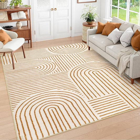 Lahome Abstract Washable Area Rug 6x9, Soft 6x9 Rug for Living Room Ultra-Thin Non Slip Bedroom Rug, Rainbow Orange Throw Carpet for Dining Room(6'x9',Orange)