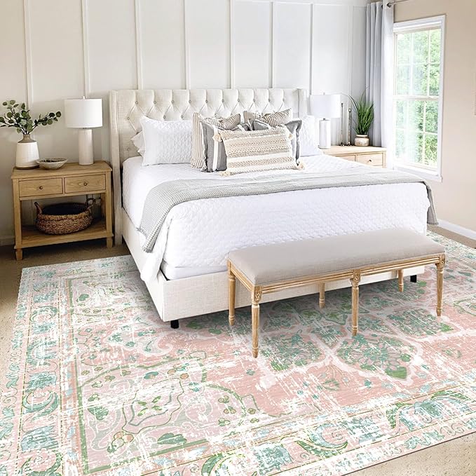 Vhong Boho Area Rugs Vintage Washable Neutral Modern Dusty Pink and Green 9x12 Non Slip Large Carpet for Nursery Living Room Dining Room Bedroom Farmhouse Girls Room