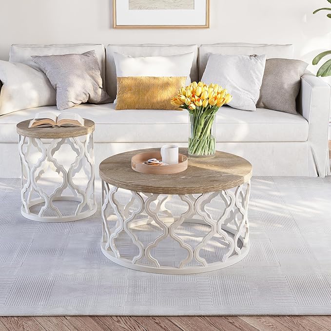 karlott Farmhouse Coffee Table, French Country Round Coffee Table, Coastal Coffee Table with Distressed Top, Boho Coffee Table with Curved Motif Frame Base for Living Room, Dining Room, Bedroom