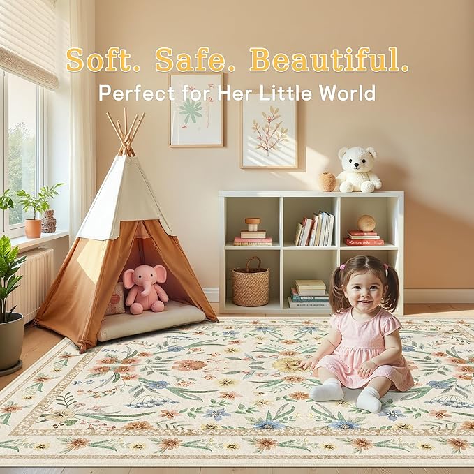 Beige Floral Washable Rug 7x9 – Large Vintage Boho Non-Slip Carpet, Soft Low Pile Thin Stain Resistant Area Rug for Living Room, Bedroom, Dining Room, Nursery, Farmhouse, Home Office