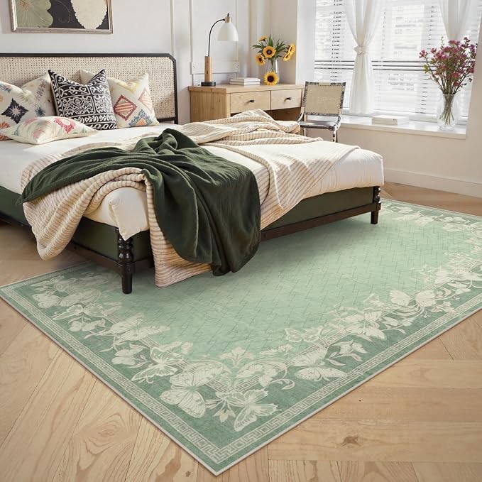 STARUIA Green Rugs for Living Room, 5x7 Washable Butterfly Area Rugs for Bedroom, Non-Slip Soft Farmhouse Carpets for Dining Room Office Guest Room Nursery Kids Room Decor (Green,5'x7')