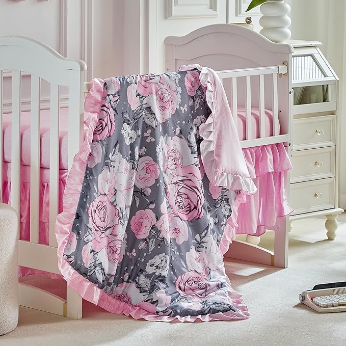 3 Pieces Flowers Mini Crib Bedding Set Baby Ruffled Quilted Comforter with Fitted Sheet and Bed Skirt - Cute Ruffled Shabby Chic Baby Bedding Soft Gray Pink Rose Floral Design