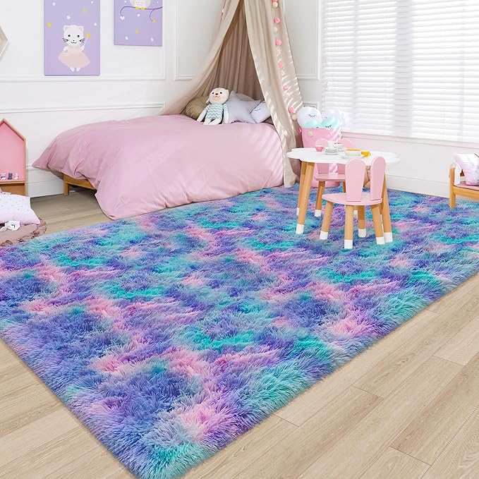 Soft Fluffy Purple Rainbow Rug for Bedroom Kids 6x9 Mermaid Stitch Rugs for Girls Bedroom Fuzzy Shag Carpet Cute Plush Shaggy Rugs for Living Room Kids Room Baby Toddler's Room Nursery Decor