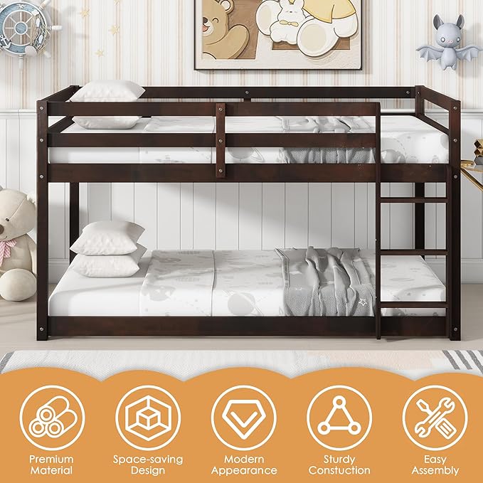 Bunk Bed Twin Over Twin, Wood Low Profile Floor Twin Bunk Beds with Ladder Guardrails for Kids Boys and Girls, No Box Spring Needed