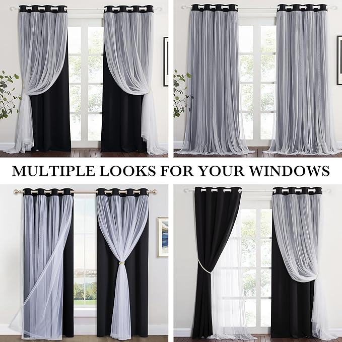 PONY DANCE Black Blackout Curtains for Living Bedroom with White Sheer Overlay Light Blocking Drapes for Kids Room Darkening with Tiebacks, cortinas para sala modernas (52x84 inches, Black, 2 Pieces)