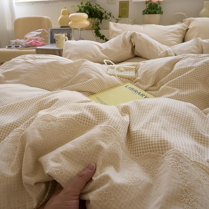 LifeTB Tan Gingham Duvet Cover Twin XL 3 Pieces Romantic Lace Duvet Cover Vintage Plaid Checkered Comforter Cover with 2 Pillowcases Soft Microfiber Beige Tan Grid Farmhouse Plaid Bedding Set