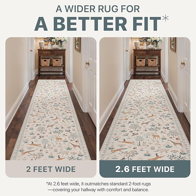 Runner Rug Non Slip 2'6''x 8', Floral Animal Print Rug Machine Washable Rug, Non Slip Low Pile Hallway Runner Carpet for Kitchen, Laundry, Bedroom, Bathroom, Beige
