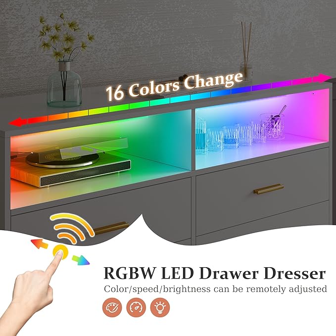 EnHomee White Dresser with LED Lights, 6 Drawers & 2 Open Shelves Top Dresser for Bedroom, Wood Chests of Drawers