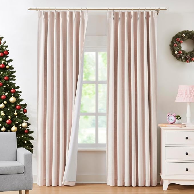 Pinch Pleated Blackout Curtain Panels with Full Blackout Liner Linen Texture Window Treatment Sets with Back Tab for Living Room Bedroom Thermal Insulated Drape with 9 Hooks, 40"x95"x2, Pink