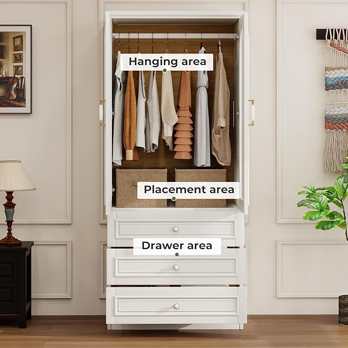 Solid Wood Wardrobe Closet:TemkTuek 70.87" Armoire,Clothing Storage Cabinet with Drawers,Doors,Hanging Railsand Shelves,Vintage Freestanding,Bedroom,White(19)