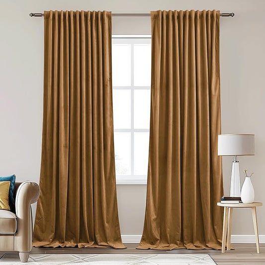 StangH Gold Brown Light Blocking Velvet Curtains 90 inches, Solid Back Tab Temperature Regulate Sliding Door Curtains for Wardrobe Noise Reducing for Bedroom, W62 x L90, 2 Panels