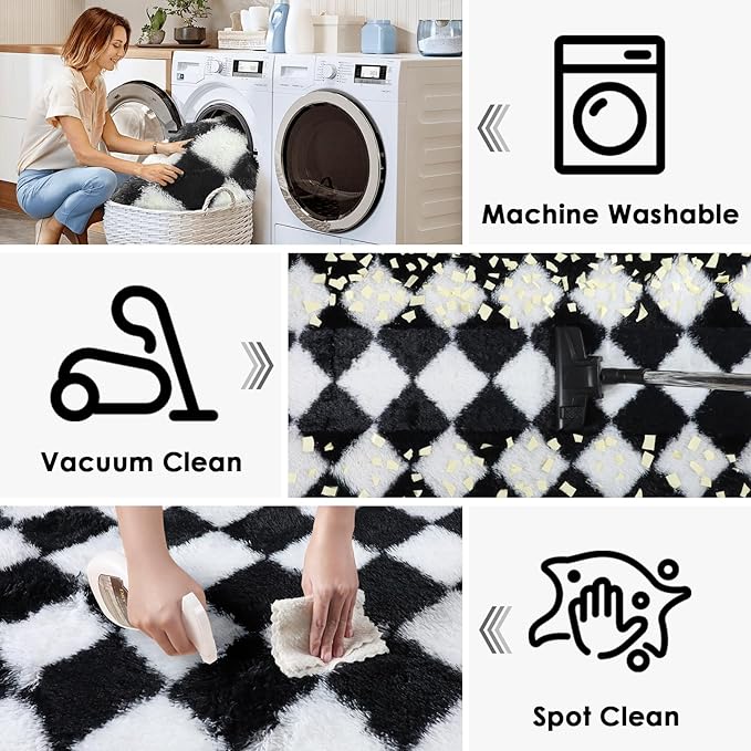 KICMOR Area Rugs for Bedroom Living Room, Black and White 4x6 Fluffy Soft Checkered Bedside Rug Fuzzy Shag Shaggy Carpet, Indoor Plush Rugs for Kids Boys Girls Teen Dorm Nursery Home Decor Aesthetic
