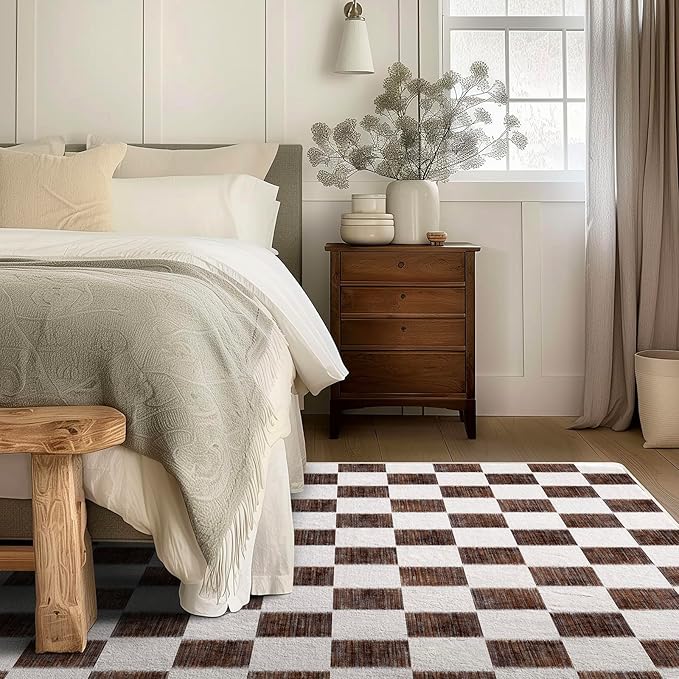 EverGrace Checkered Plaid Area Rug 5x7, Soft Fuzzy Faux Wool Rugs Washable Anti Slip Rugs Large Rug for Entryway Bedroom Living Room Hallway Kitchen Dining Room and Laundry Room, Dark Brown and White