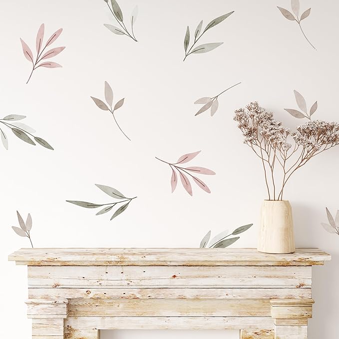 Watercolor Greenery Wall Decals - Set of 22 Leaves Vinyl Flower Room Decor Peel and Stick Removable Floral Stickers for Nursery Bedroom Bathroom