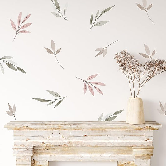 Watercolor Greenery Wall Decals - Set of 22 Leaves Vinyl Flower Room Decor Peel and Stick Removable Floral Stickers for Nursery Bedroom Bathroom