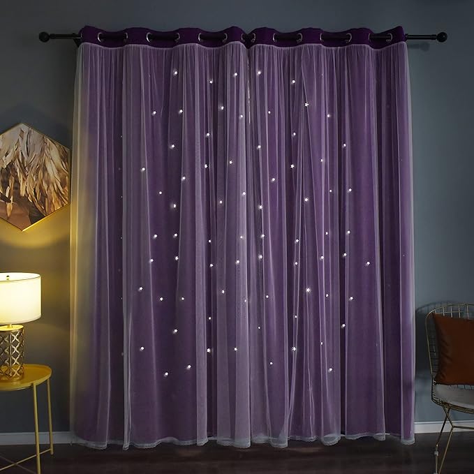 Kinryb Star Cutout Blackout 95 Inches Curtains Double Layer with Sheer Overly Curtains for Bedroom Thermal Insulated Window Treatment Set with 2 Free Tiebacks (52W x 95L 2 Panels Purple)