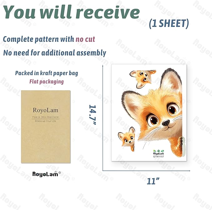 Peekaboo Fox Wall Decals Removable Watercolor Animal Peeking Vinyl Stickers for Nursery Living Room and Kids Playroom Cartoon Decor Peel and Stick Wall Art