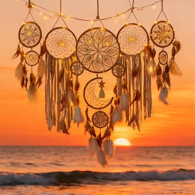 Dream Catcher Wall Decor,Large Boho Dream Catcher with Luxurious Feathers & Beads, Handmade Wall Hanging for Bedroom, Nursery, Living Room, Gift Ready for Girls & Adults (Camel)