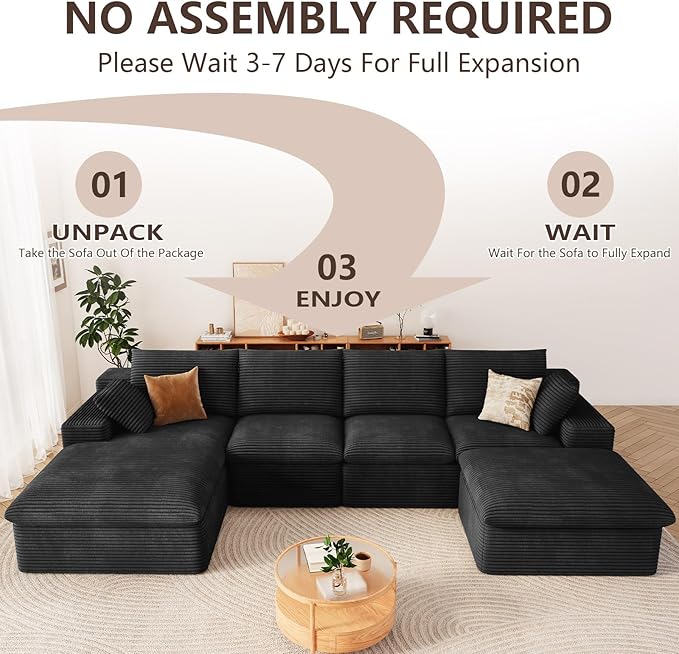 136" Cloud Modular Sectional Sofa with 1 Ottoman, Modern Upholstered Corduroy Couches, Comfort U Shaped Sofa for Living Room, Deep Seat Boneless Couch, No Assembly Required(Black,Left Facing Chaise)