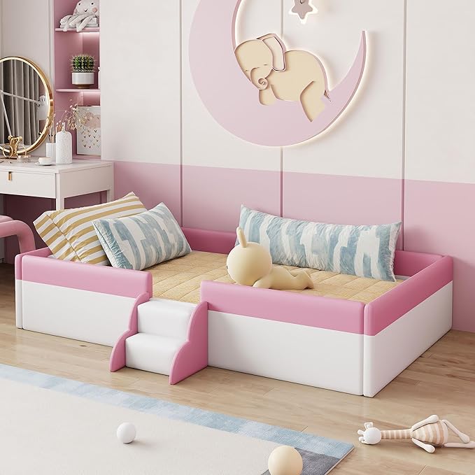 Full Size Upholstered Daybed Frame with Fence and Stairs, Montessori Kids Floor Bed with Sturdy Slat Support for Kids Boys Girls
