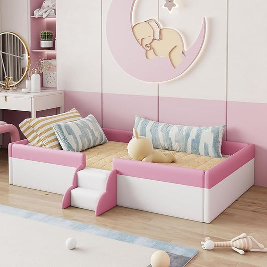 Full Size Upholstered Daybed Frame with Fence and Stairs, Montessori Kids Floor Bed with Sturdy Slat Support for Kids Boys Girls