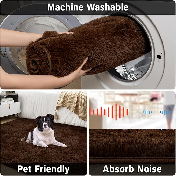 Merelax Soft Modern Indoor Large Shaggy Rug for Livingroom Bedroom Dorm Kids Room Home Decor, Non-Slip Plush Fluffy Furry Fur Area Rugs Comfy Nursery Accent Floor Carpet 9x12 Feet, Brown